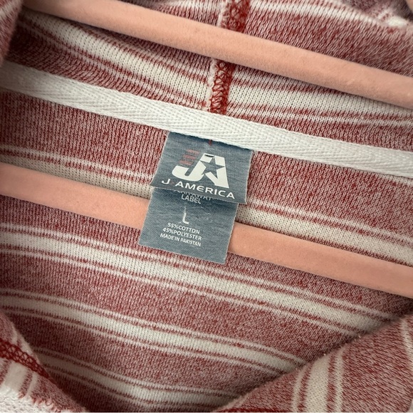 J. America Baja-Style Hoodie Red Cream Striped Pullover Size L - Picture 2 of 6